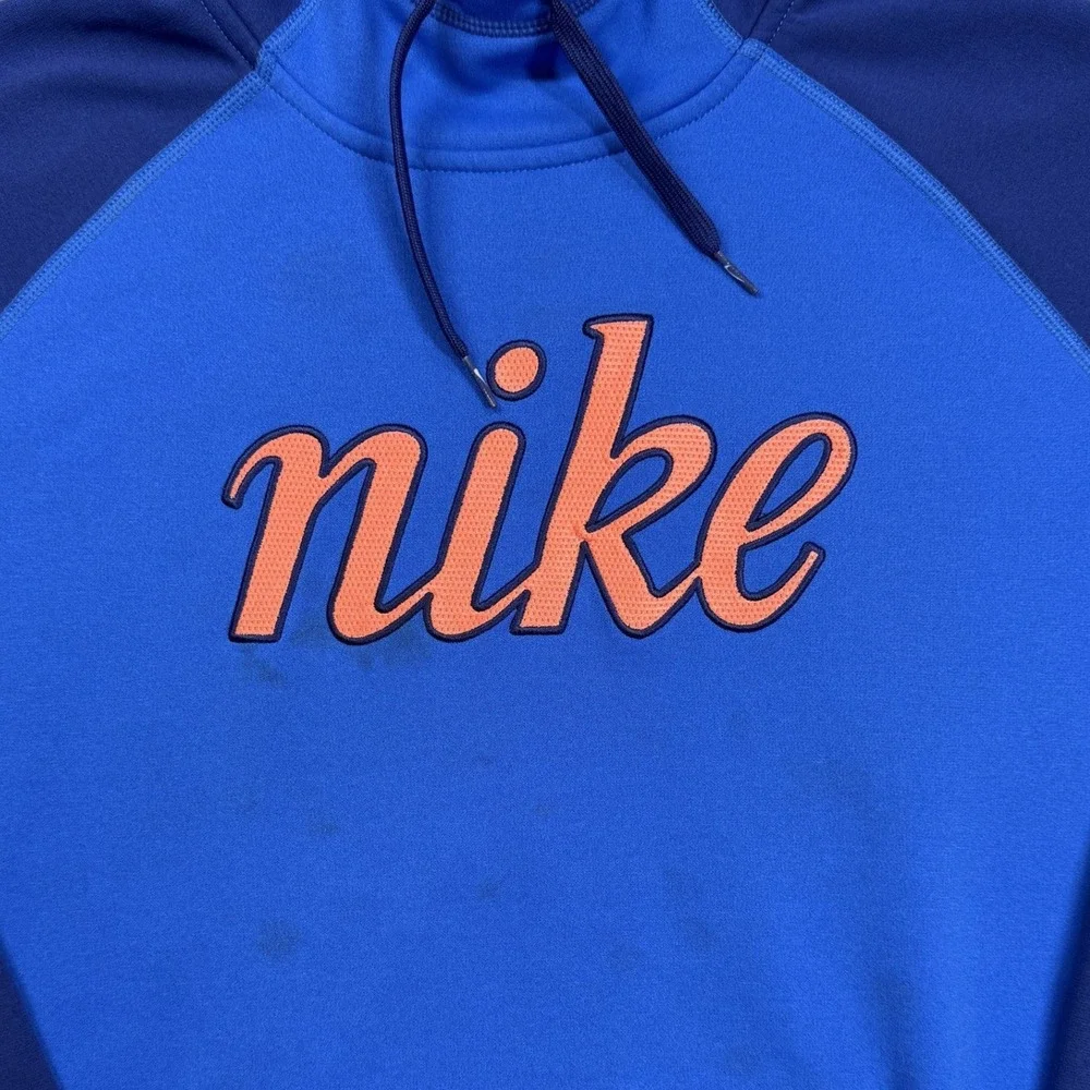Nike Hoodie Mens XL Blue Orange Therma Fit Pullover Script‎ Logo Raglan